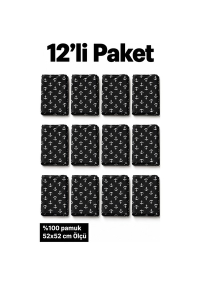 Herşeynota 12 Li Siyah Çapa Desenli Fular Seti %100 Pamuk 52x52 Cm Günlük Kullanım Etkinlik Aksesuarı Çok Renkli