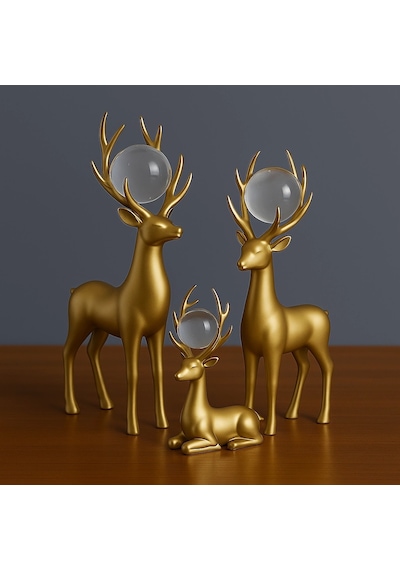 Gold Boynuzlu 3 Lü Dekoratif Geyik Kristal Küre 32 X 15