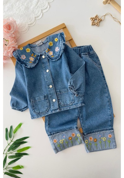 Miniğimin Cicileri Paça Papatya Nakış Detaylı Kız Çocuk Denim Kot 2 Li Takım - Mavi