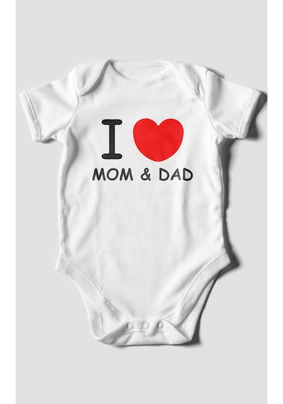I Love Mom And Dad Baskılı Bebek Zıbını Çıtçıtlı Body %100 Pamuk Kısa Kol Beyaz