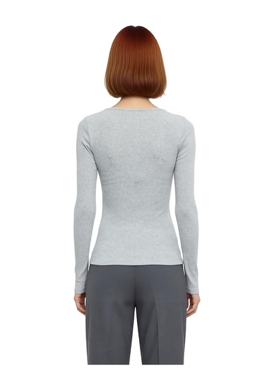 Ersefa Stil Kadın Çıtçıtlı Fitted Vücuda Oturan Fitilli Esnek Bluz Regul Gri Melanj