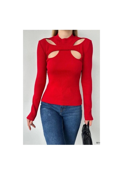DefyModa Kadın Modern Sandy Kumaş Dik Yaka Uzun Kollu Bluz Kırmızı