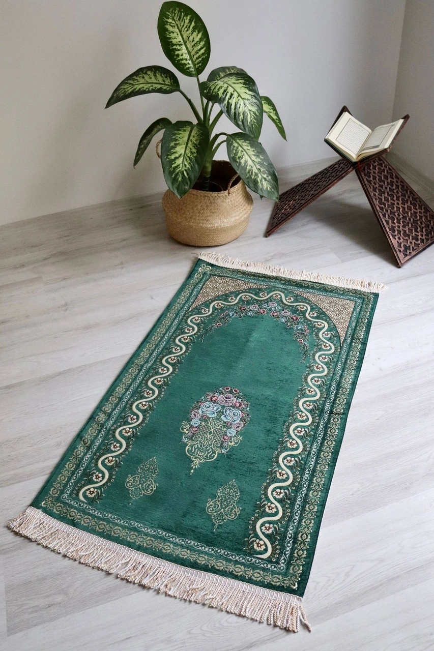 Çeyizlik Astarlı Lüks Seccade Hediyelik S1019 Siyah Yeşil