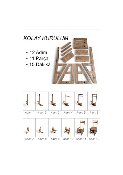 Ahşap 4 Basamak Merdiven - Portatif Demonte Ve Ergonomik Ev Tipi Sandalye Merdiven 110 Kg Kapasiteli