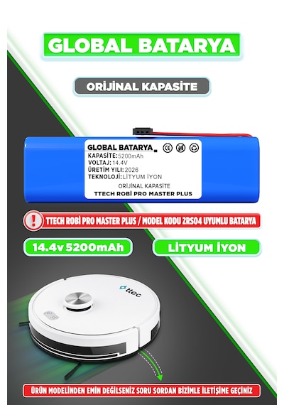 Ttec Robi Pro Master Plus 2rs04 Robot Süpürge Bataryası 14.4v 5200mah Li-ion Pil  Kapasite