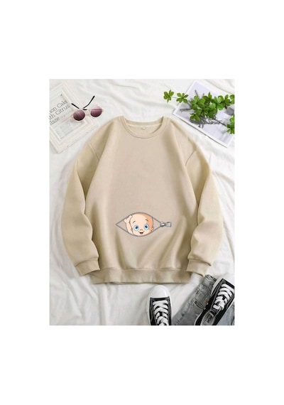 Caxis Kadın Fermuar Bebek Baskılı Hamile Oversize Bisiklet Yaka Sweatshirt Bej