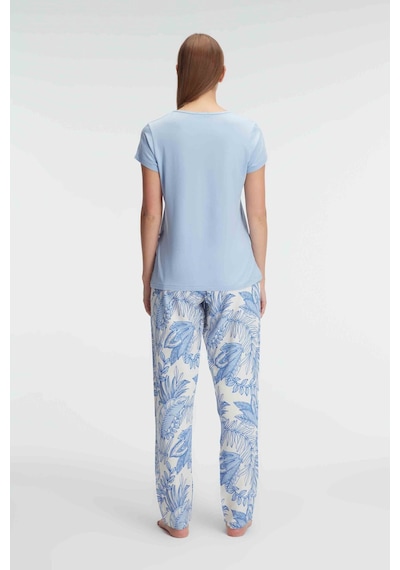 Man9885-1014 Anil Ev Giyim Man9885 Anıl 9885 Kısa Kol Bisiklet Yaka Kadın Viskon Çiçek Desenli Yazlık Örme Dantel Detaylı Pijama Takımı Mavi