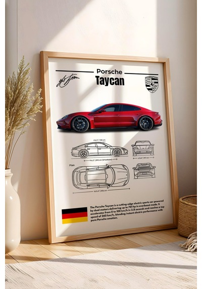 Porsche Taycan Tablo - Teknik Özellikli Elektrikli Spor Araba Poster - Çerçeveli Duvar Dekoru Kayın