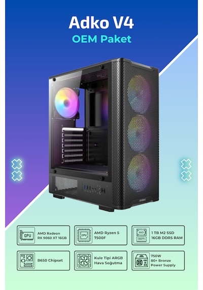 IH ADKO V4 R5-7500F 16 GB 1 TB SSD 16 GB RX9060 XT Free Dos Oem Paket Masaüstü Oyuncu Bilgisayarı