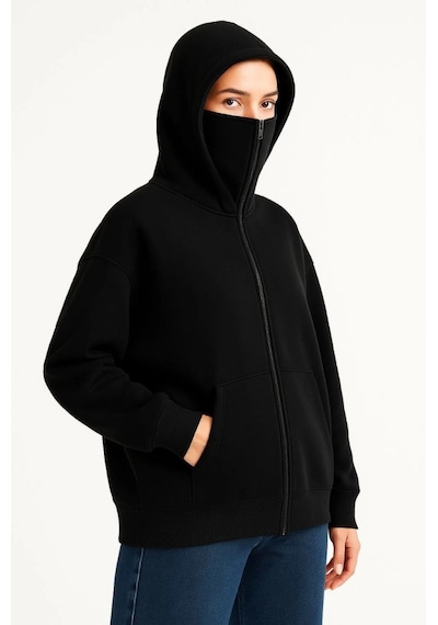 Efnaz Style Samuray Ninja Çift Kapşonlu Zıp Fermuarlı Kanguru Çepli Hoodie Maske Detaylı Swetshirt - Siyah Efnaz Style Samuray Ninja Çift Kapşonlu Zıp Fermuarlı Kanguru Çepli Hoodie Maske Detaylı Swetshirt - Siyah