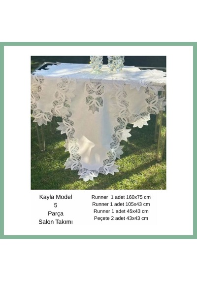 Bşkvirgo Salon Takımı 5 Parça Keten Masa Örtüsü Runner Seti Çeyizlik Kayla Model No 2323 Krem-krem Bsk2026