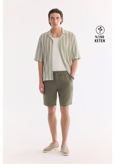 Avva Erkek Haki Beli Lastikli %100 Keten Relaxed Fit Şort B003732