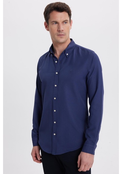 Tudors Erkek Slim Fit Dar Kesim Düz Oxford Armalı Yaka Düğmeli Lacivert Spor Gömlek-42013 Lacivert