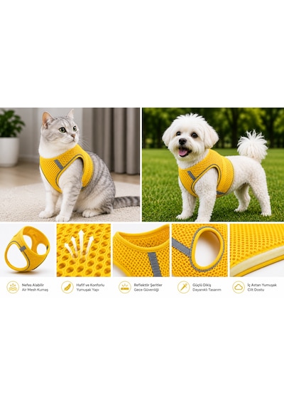 Nefes Alan Kumaş Air Mesh Kedi Köpek Göğüs Tasması Xx Small 28x32 Cm Neon Sarı