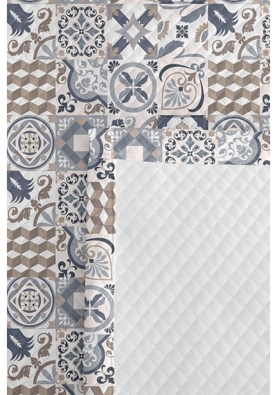 Geometrik Çini Gri Genç Odası Tek Kişilik Pike Takımı - Bej Modern 160x220 Cm Kapitone Yatak Örtüsü Mahmur Koru Dokunuşu