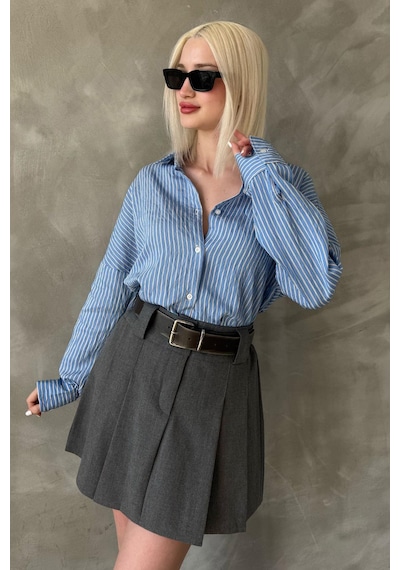 Madmext Mavi Çizgili Oversize Kadın Gömlek Mg2327 Mavi