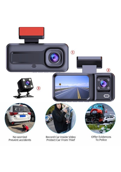 Cr51 Full Hd 1080p Wifi Araç Kamerası - 3 Kameralı Ön, İç Ve Arka , 2.0 Inç Ekran, Park Modu Ve Mobil Uygulama Desteği