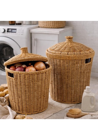 Ayrex Kapaklı Rattan Patates Soğan Saklama Sepeti 2'li Set Kiler/mutfak Organizer, Doğal Hasır Görünüm 27 2 Genel