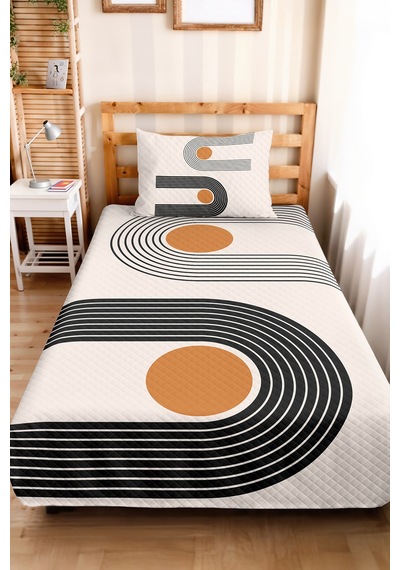 Geometrik Siyah Modern Genç Odası Tek Kişilik Pike Takımı - Hardal 160x220 Cm Kapitone Yatak Örtüsü Hafif Ot Tonu