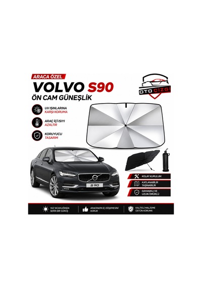 Volvo S90 Şemsiye Tip Ön Cam Güneşliği Katlanabilir Uv Korumalı Araç Cam Güneşlik