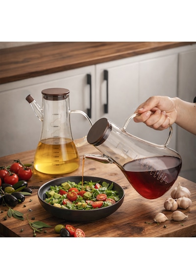 Porsima Lm-0106 Serra Kapaklı Borosilikat Cam 2li Yağlık Sirkelik Yağdanlık Seti 1000ml Şeffaf
