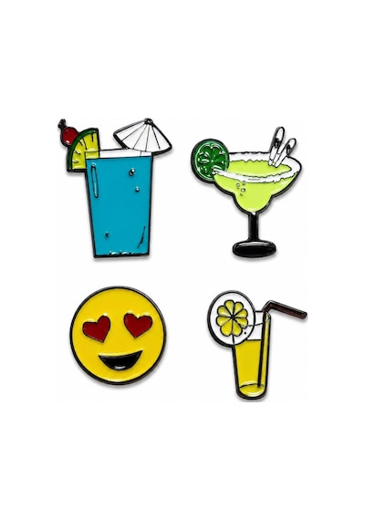 Yaz Temalı Kokteyl & Emoji 4'lü Metal Rozet Seti Renkli Emaye Rozet Gri