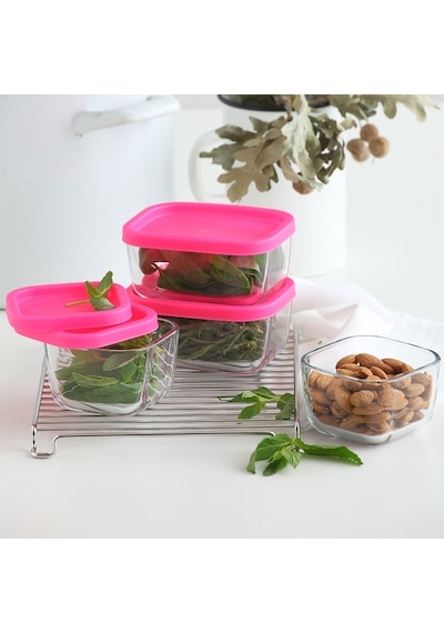 LAV Cube Cam Saklama Kabı 2'li Küçük Boy 405 ml Dikdörtgen Pembe Plastik Kapaklı (Kahvaltılık )