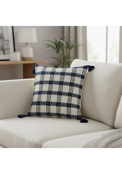 4 Lü Püsküllü Kırlent Kılıf Seti 45 45 Cm Modern & Şık Ev Dekoru Lacivert Beyaz