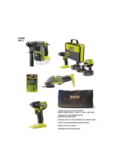 Ryobi One+ Hp 18V Kömürsüz 4'lü Profesyonel Karma Set 1
