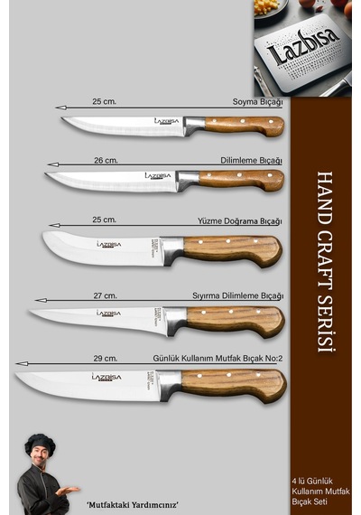 Lazbisa Mtf-032 Hand Craft Mutfak Bıçak Seti Et Ekmek Sebze Bıçağı 5 Li Set Günlük Kullanım Kahverengi