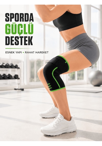 Siyah Yeşil Spor Dizlik Ayarlanabilir Destek Bantlı Nefes Alabilen Örme
