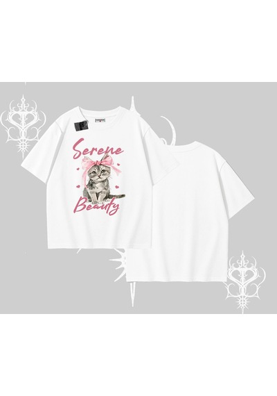 Tarzsokak Serene Beauty Kedi Baskılı Oversize Tshirt Beyaz