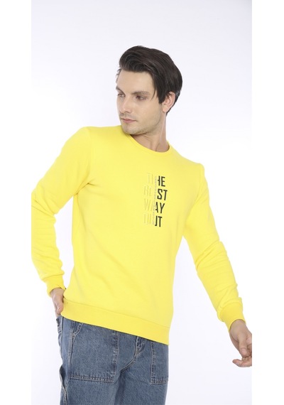 Escetic Erkek Spor Slimfit, Bisiklet Yaka Sarı Sweatshirt-4274
