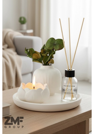 Hediyelik Tepside İskandinav Vazo Bebek Pudrası Kokulu Lotus Mum Ve Oda Kokusu Beyaz