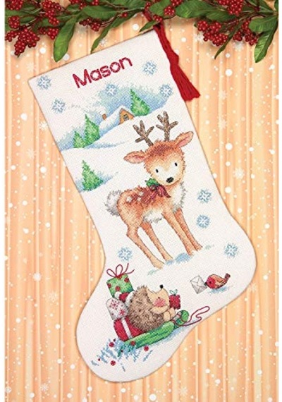 Kanaviçe Ren Geyiği Ve Kirpi Kişiselleştirilmiş Noel Çorap Seti, Beyaz 14 Adet Aida, 40 Cm