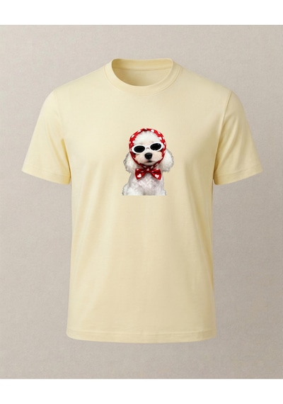 Başrötülü Beyaz Köpke Baskılı T-shirt Sarı