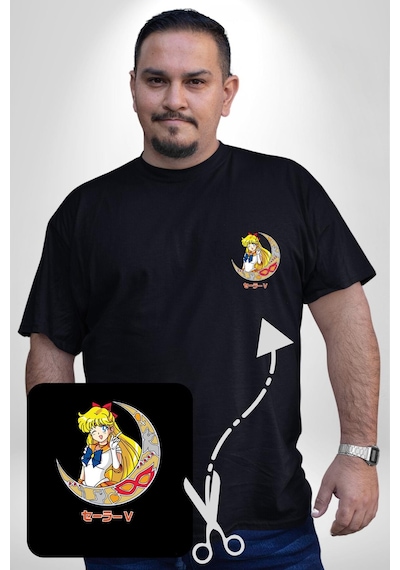 Angemiel Sailor Moon Ay Savaşcısı Anime Siyah Büyük Beden Kadın Basic Minimal Baskılı Tişört Siyah