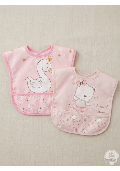 Set Kısa Kollu Bağlamalı Ayarlanabilir Sıvı Geçirmez Aktivite ve Mama Önlüğü Kuğu & Sevimli Ayıcıklı Çok Renkli 2'li