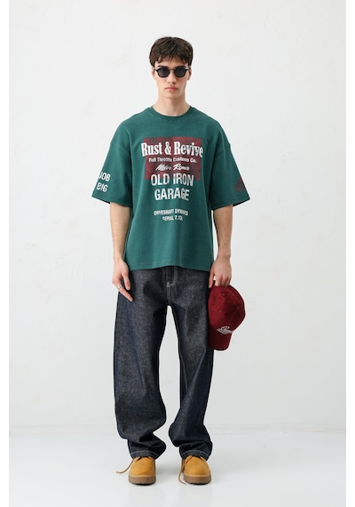 Vamos Oversize Baskılı Tişört V70-167 Yeşil