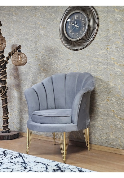 Zafir Tekli İstiridye Gold Kaplama Telli Ayak Çay Seti Koltuk Tekli Berjer , Balkon, Salon, Ofis Gri
