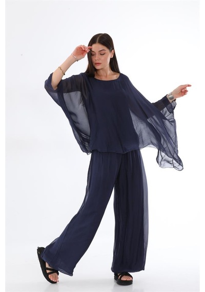 Bohem Stil İtalyan Yarasa Kol İpek Bluz & Pantolon Takım-8767 Lacivert