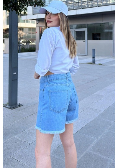 WeShaya Kadın Mavi Püsküllü Paça, Yüksek Bel, Rahat Denim-kot Şort Açık Mavi
