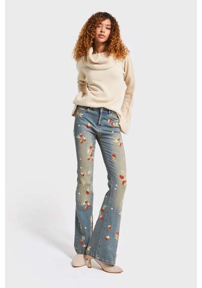Itsbasic Kadın T.kot Rengi 2w5-32 Flare Fit Likralı Kumaş Çiçek Nakış Desenli Özel Tasarım Denim Jean