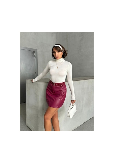 Verymoda Deri Kemerli Etek - F1840 Bordo