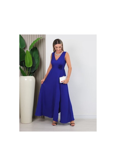 Butik İstanbul Kadın Askılı Derin V Yakalı Yırtmaçlı Uzun Elbise Mavi