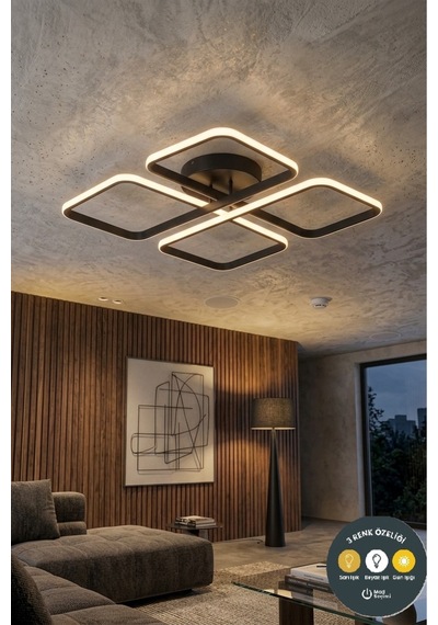 March Kumandalı Dekoratif Siyah Plafonyer Led Avize-4'lü Geometrik Kare 3 Renk Yanma Özellikli