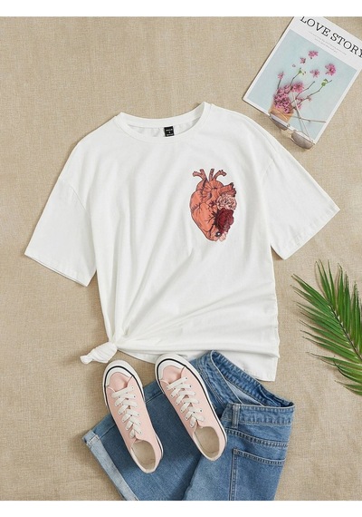 Kadın Beyaz Oversize Kalp Baskılı Örme T-shirt Beyaz Kadın Beyaz Oversize Kalp Baskılı Örme T-shirt Beyaz