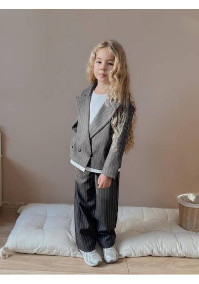 Miniko Kids Kız Çocuk Poliviskon Çizgili Blazer Ceket Pantolon Dokuma Kumaş Takım Füme
