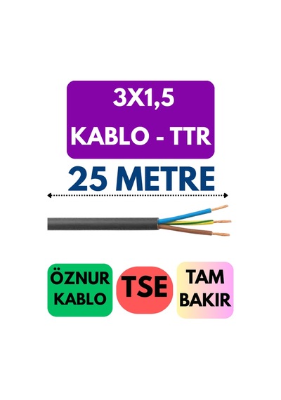 Öznur 3x1,5 Ttr Kablo Metre Seçenekli Siyah - 25 Metre