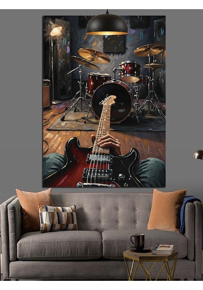 Elektro Gitar Ve Bateri Davul Seti Dekoratif Kanvas - Mdf Ahşap Tablo